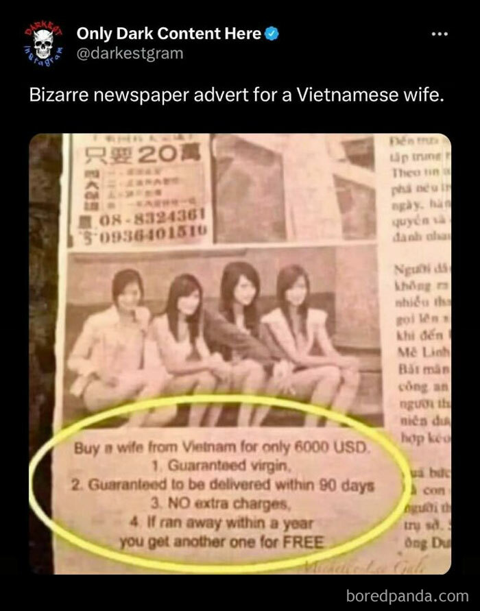 Screenshot of an Instagram post from a darkest page sharing a creepy newspaper advert about a Vietnamese wife.