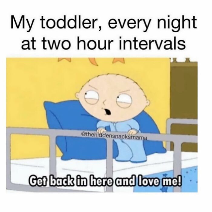 Funny parenting meme showing a toddler demanding love every two hours during the night in a cartoon-style image.