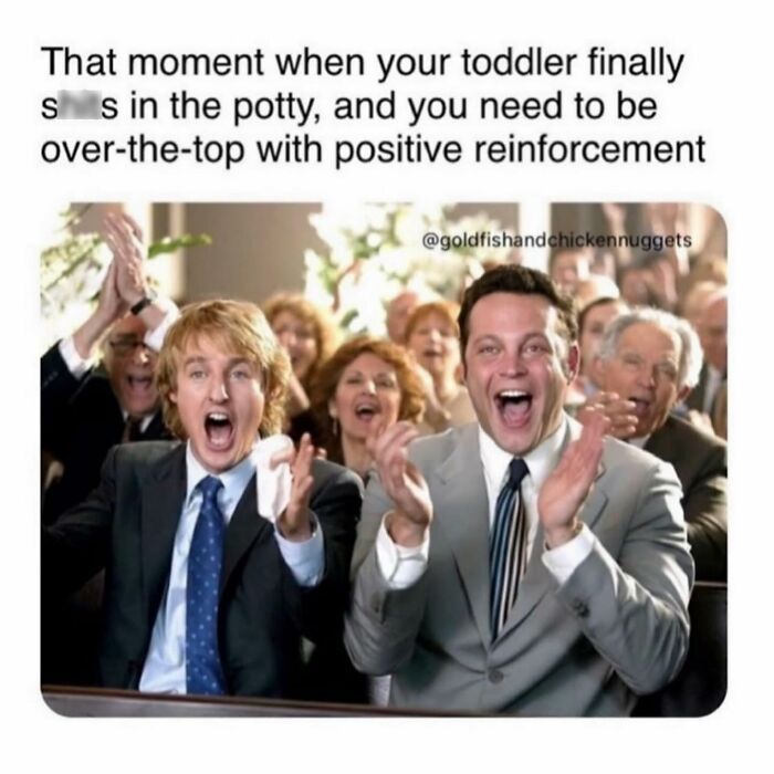 Excited men clapping in a crowd, celebrating toddler's potty success, showcasing funny parenting memes positive reinforcement.