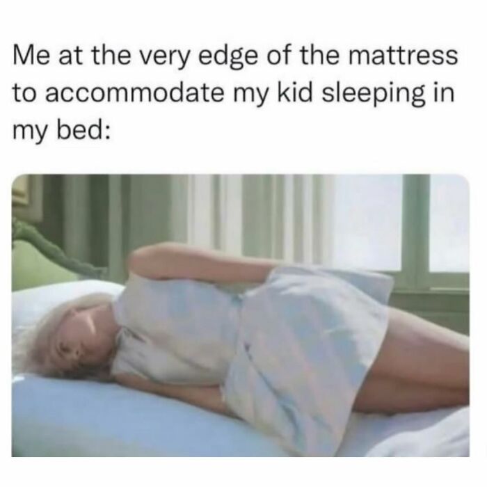 Woman lying at the edge of a mattress illustrating funny parenting memes about real challenges no parenting book can teach