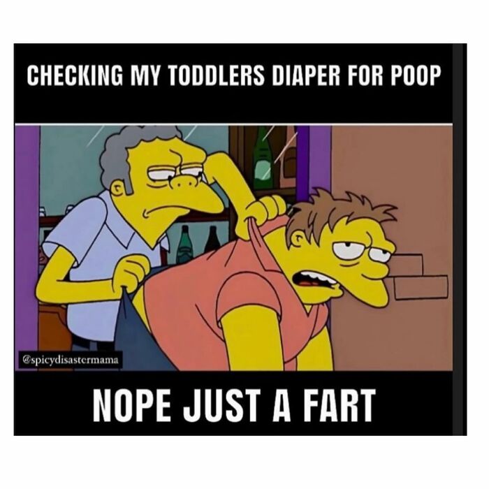 Cartoon characters with a funny parenting meme about checking toddlers diaper, highlighting humor in parenting moments.