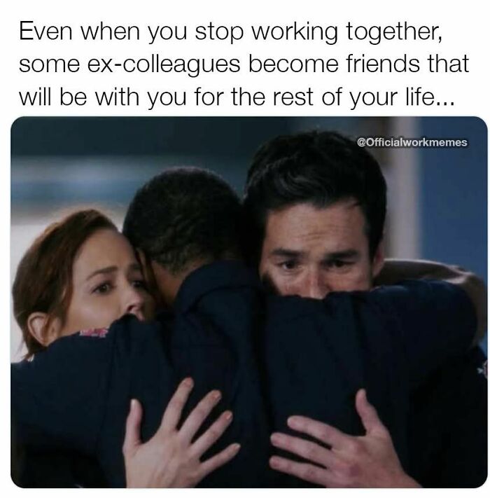 Three emotional coworkers hugging, illustrating strong bonds in work memes about friendships after retiring from work.