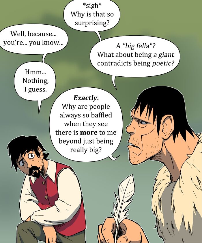 Comic scene from Pet Foolery showing two men in a forest, one writing in a book while the other talks and questions him.
