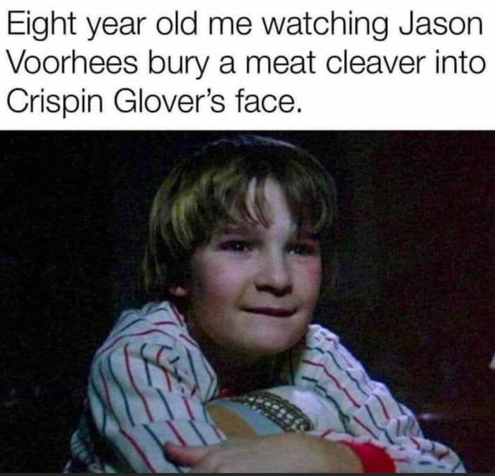 Child watching a scary movie scene with a meat cleaver, capturing creepy but funny meme humor for black coffee lovers.