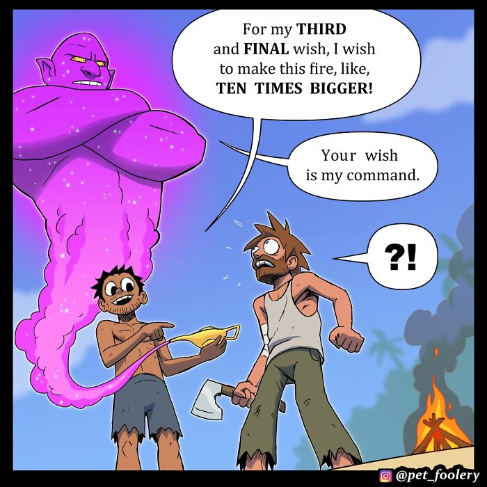 Comic panels from Pet Foolery featuring a surprised man with wild hair on a tropical beach setting.