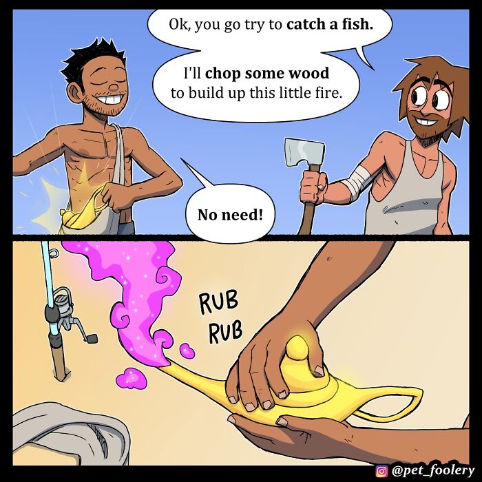 Comic panels from Pet Foolery featuring a surprised man with wild hair on a tropical beach setting.