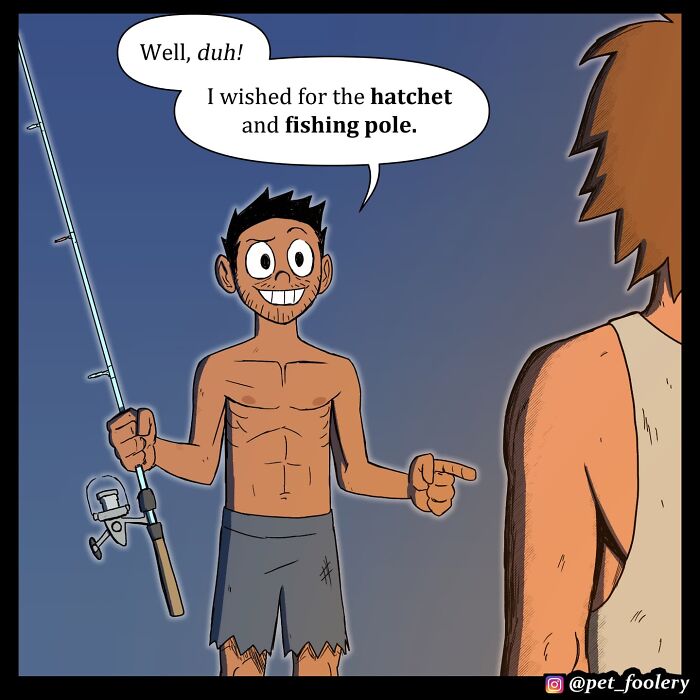 Comic panels from Pet Foolery featuring a surprised man with wild hair on a tropical beach setting.