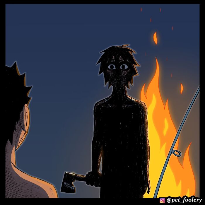 Comic panels from Pet Foolery featuring a surprised man with wild hair on a tropical beach setting.