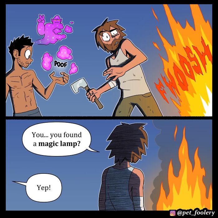 Comic panels from Pet Foolery featuring a surprised man with wild hair on a tropical beach setting.