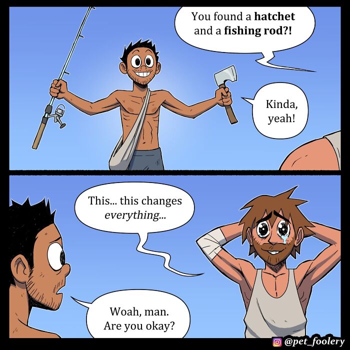 Comic panels from Pet Foolery featuring a surprised man with wild hair on a tropical beach setting.