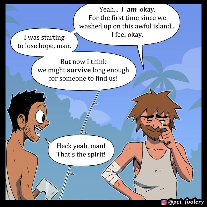 Comic panels from Pet Foolery featuring a surprised man with wild hair on a tropical beach setting.