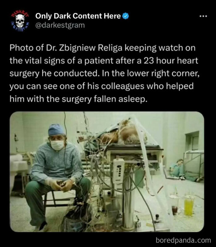Surgeon watching patient after long surgery with colleague asleep, illustrating darkest page on Instagram content theme.