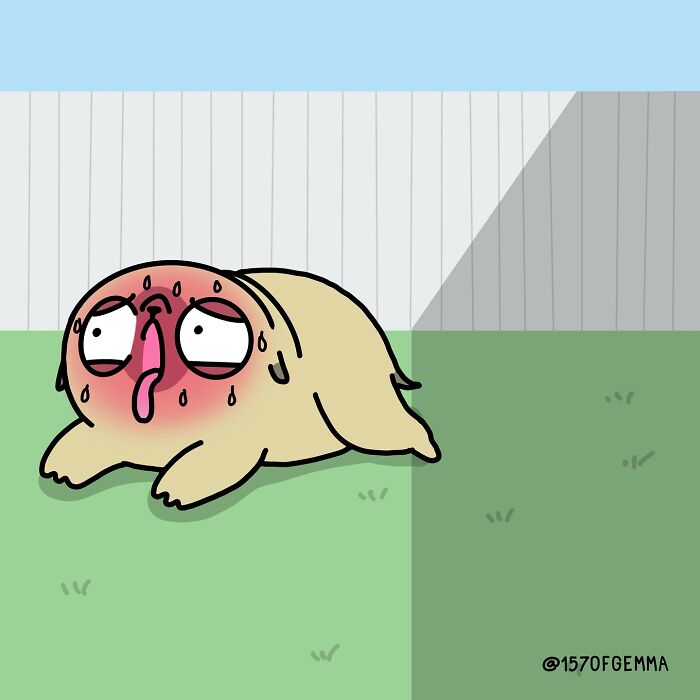 Cartoon illustration of a cute pug lying on grass in a backyard, part of adorable and funny artist comics.