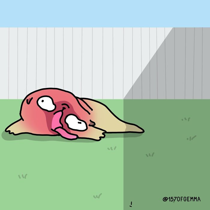 Cartoon illustration of a cute pug lying on grass in a backyard, part of adorable and funny artist comics.