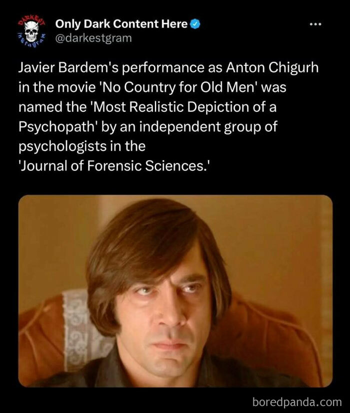 Screenshot of darkest page on Instagram post about Javier Bardem's role, highlighting creepy stories and dark content daily.