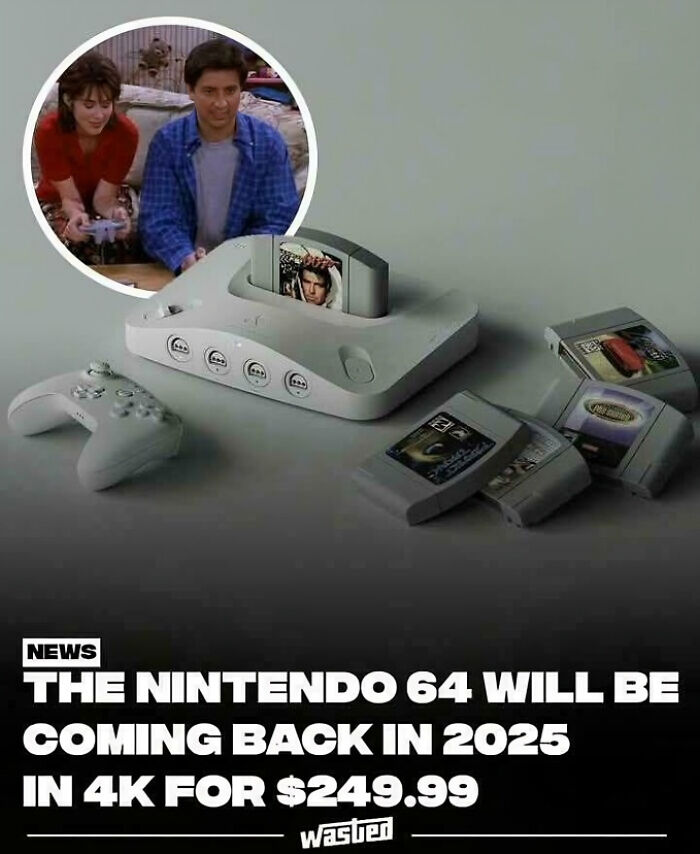 Nintendo 64 console with game cartridges, announcing nostalgic 90s gaming comeback in 4K for 2025 release.