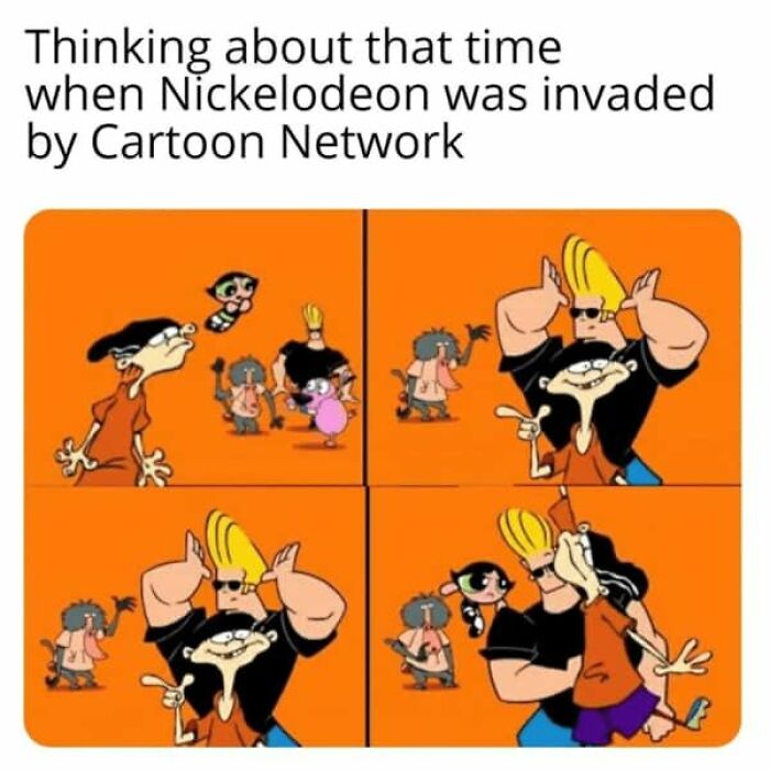 Cartoon Network characters and Nickelodeon characters together in a 90s kids nostalgia meme with bright orange background.
