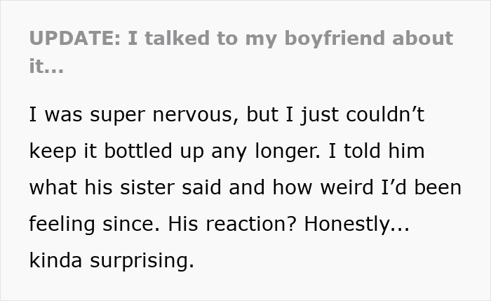 Text on screen showing a nervous girlfriend talking about boyfriend’s sister hitting on her, causing confusion and anger. Text on screen showing a nervous girlfriend talking about boyfriend’s sister hitting on her, causing confusion and anger.