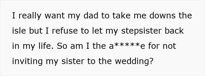 Text about woman’s old fight with stepsister refusing to invite her to wedding, cutting ties with family years later. Text about woman’s old fight with stepsister refusing to invite her to wedding, cutting ties with family years later.