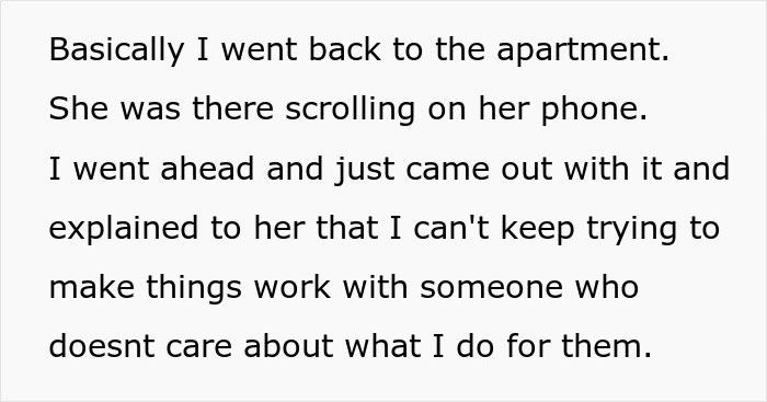 Text on screen showing a man explaining to a woman he can’t keep trying after she threw away the dinner he made.