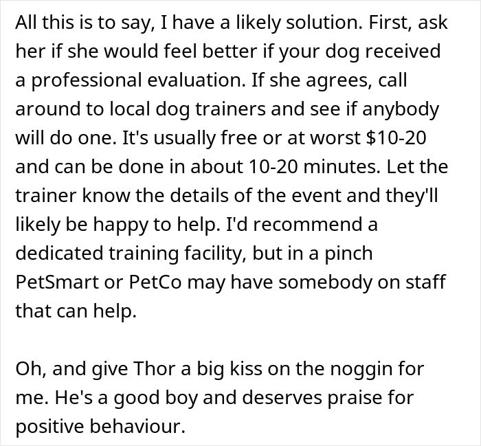 Text discussing dog evaluation and training options after a dog attack incident involving a stalker breach. Text discussing dog evaluation and training options after a dog attack incident involving a stalker breach.