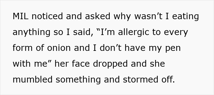 Text describing a MIL-try-poison-woman incident where she reacts after the allergy excuse and leaves abruptly. Text describing a MIL-try-poison-woman incident where she reacts after the allergy excuse and leaves abruptly.