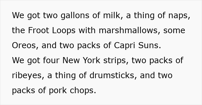 American family grocery haul including milk, Froot Loops, Oreos, Capri Suns, New York strips, ribeyes, drumsticks, and pork chops. American family grocery haul including milk, Froot Loops, Oreos, Capri Suns, New York strips, ribeyes, drumsticks, and pork chops.