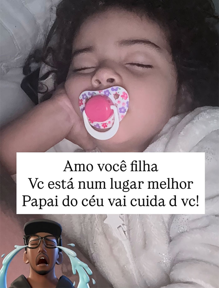 Sleeping toddler with pacifier, accompanied by a heartfelt message and an animated crying character, related to drowning incident. Sleeping toddler with pacifier, accompanied by a heartfelt message and an animated crying character, related to drowning incident.