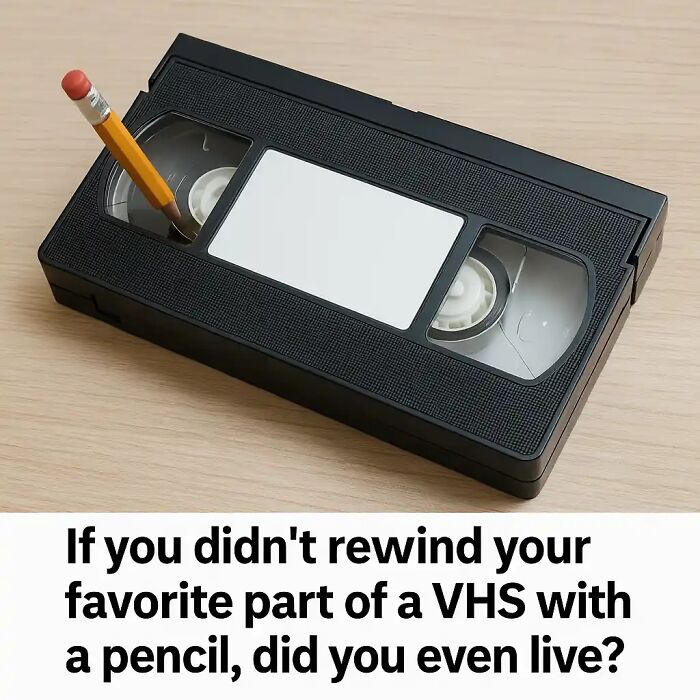 VHS tape being rewound with a pencil, evoking 90s kids nostalgia and memories of classic video habits.