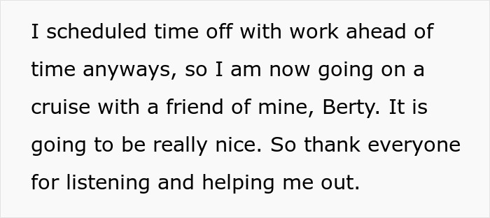 Text on screen about scheduling time off work and going on a cruise with a friend, related to lazy parenting issues.