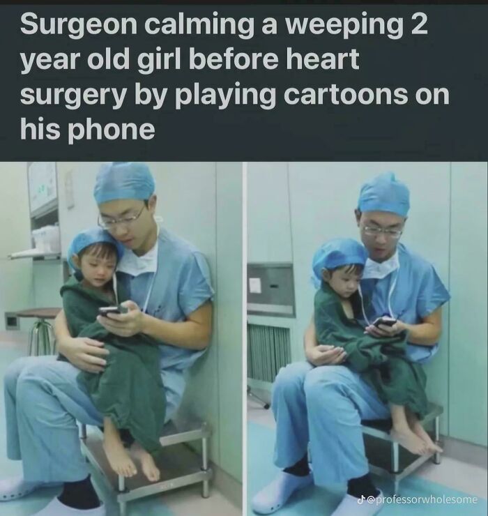 Amazing photos: surgeon in scrubs comforting a young girl on his lap, playing cartoons on his phone before surgery