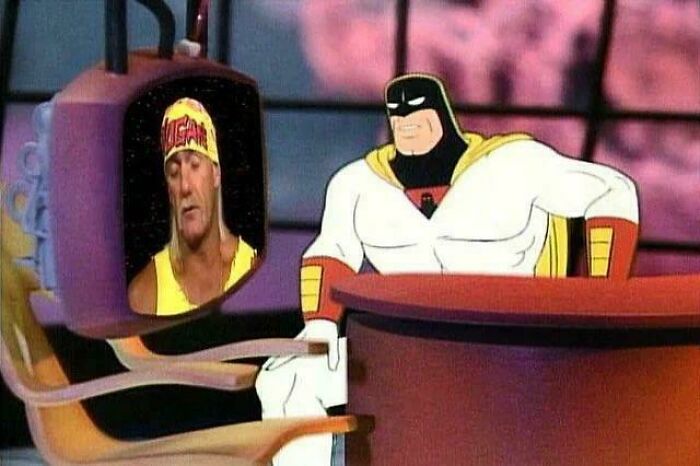 Cartoon character Space Ghost watching a nostalgic TV screen showing a wrestler, evoking old age memories.