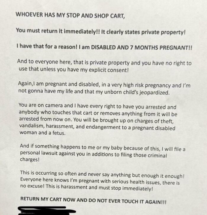 Note from unhinged neighbor demanding return of private property, highlighting pregnancy and disability risks in a confrontational tone.