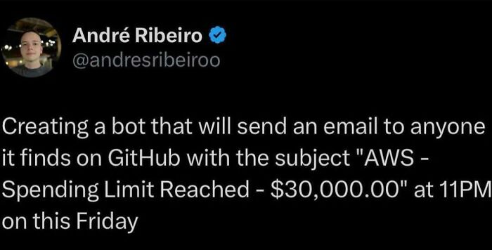 Programming meme showing a Twitter post about a bot emailing GitHub users when AWS spending limit is reached.