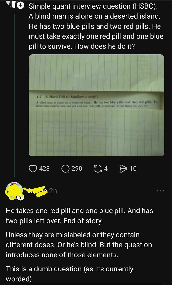 Screenshot of an online roast where a math riddle about pills is confidently answered incorrectly by a group participant.