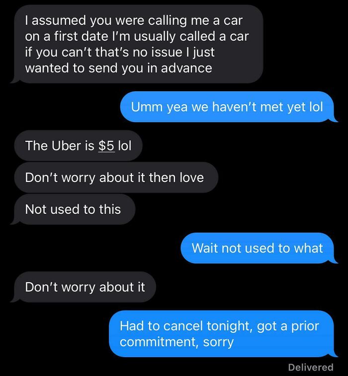 Text message exchange showing confusing and delusional behavior during a failed first date conversation.