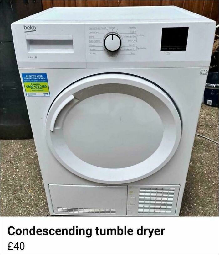 White condenser tumble dryer with a condescending typo in the product description highlighting common typo errors.