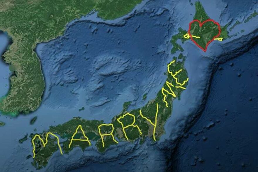 Map of Japan with a GPS route spelling MARRY ME and a red heart, illustrating a creative post from the interesting online community.