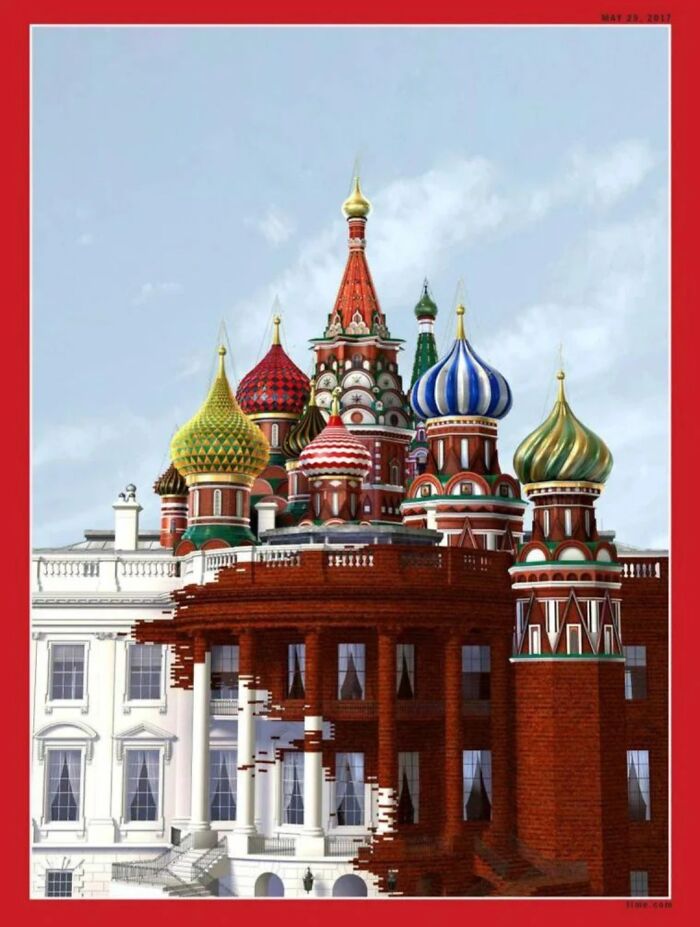 Surreal building blending Saint Basil's Cathedral domes with White House structure, illustrating predictions aged like wine concept.