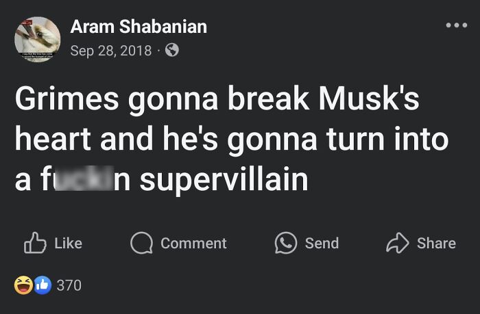 Screenshot of a social media post predicting Elon Musk becoming a supervillain, fitting aged like wine predictions.