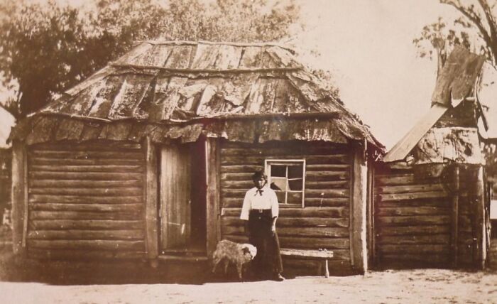 Indigenous Australian woman standing beside a dog in front of a rustic wooden hut in early 1900s historic photo.