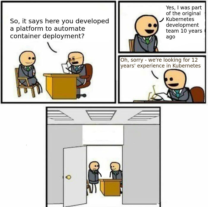 Two cartoon characters in a programming job interview discussing Kubernetes experience in a humorous computer science meme.