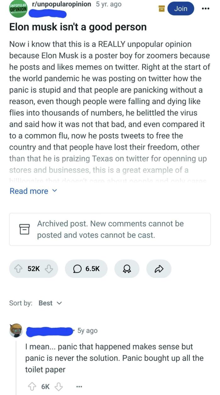 Reddit post discussing Elon Musk's controversial pandemic opinions with comments and user interactions on r/unpopularopinion.