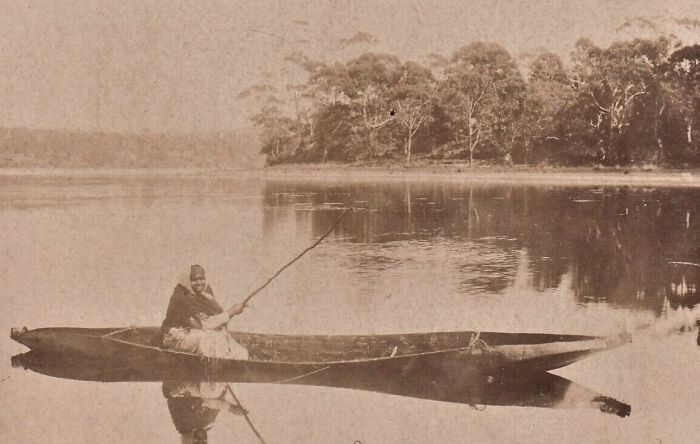 Indigenous Australian man fishing in a traditional dugout canoe on a calm river surrounded by forest in the 1900s.