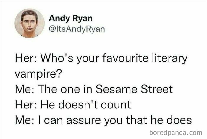Twitter meme by Andy Ryan joking about favourite literary vampires, a funny meme cinephiles might appreciate about pop culture references.