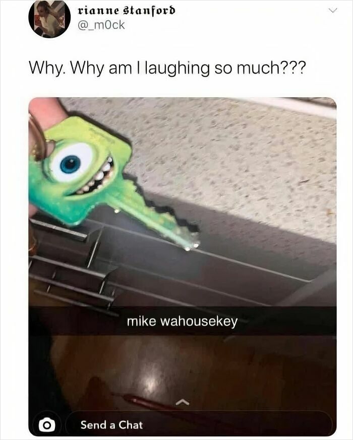 A funny meme showing a key shaped like Mike Wazowski from a popular animated movie, for cinephiles to enjoy.