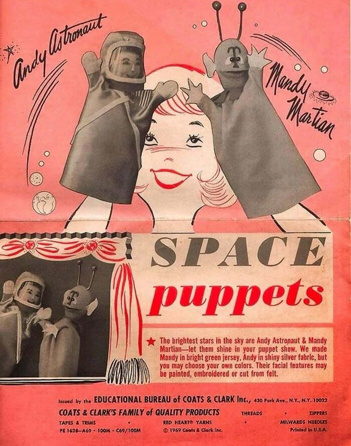 Vintage closet space puppets Andy Astronaut and Mandy Martian on a retro pink and red printed puppet show poster.