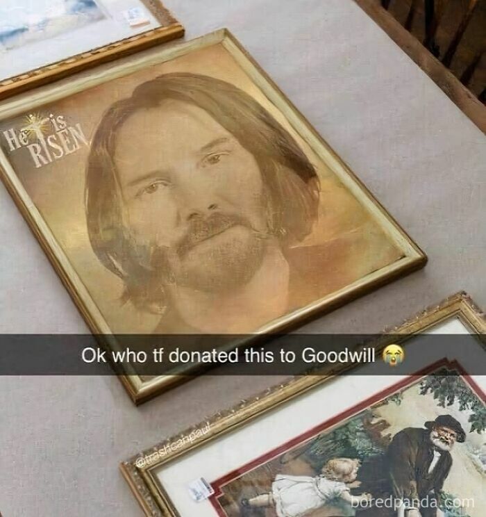 Portrait of Keanu Reeves with caption questioning donation to Goodwill, a funny meme for cinephiles appreciation.