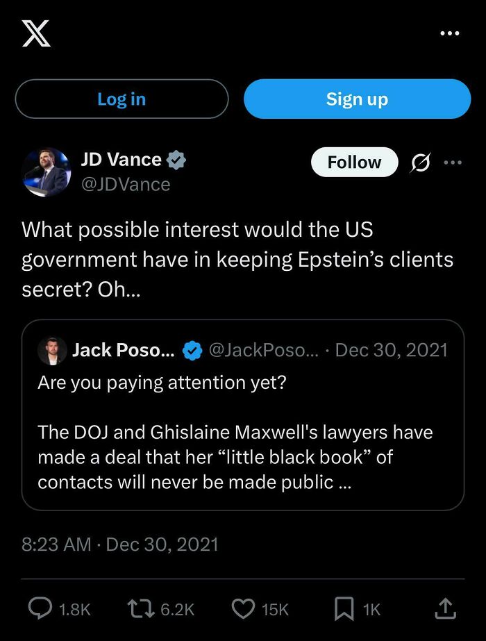 Tweet by JD Vance discussing government secrecy about Epstein’s clients linked to accurate predictions.