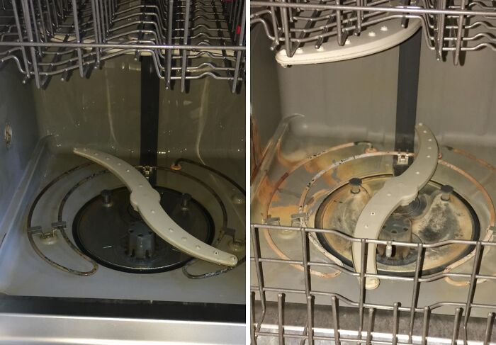 Dishwasher interior showing before and after cleaning, demonstrating genius cleaning tricks to impress in-laws.